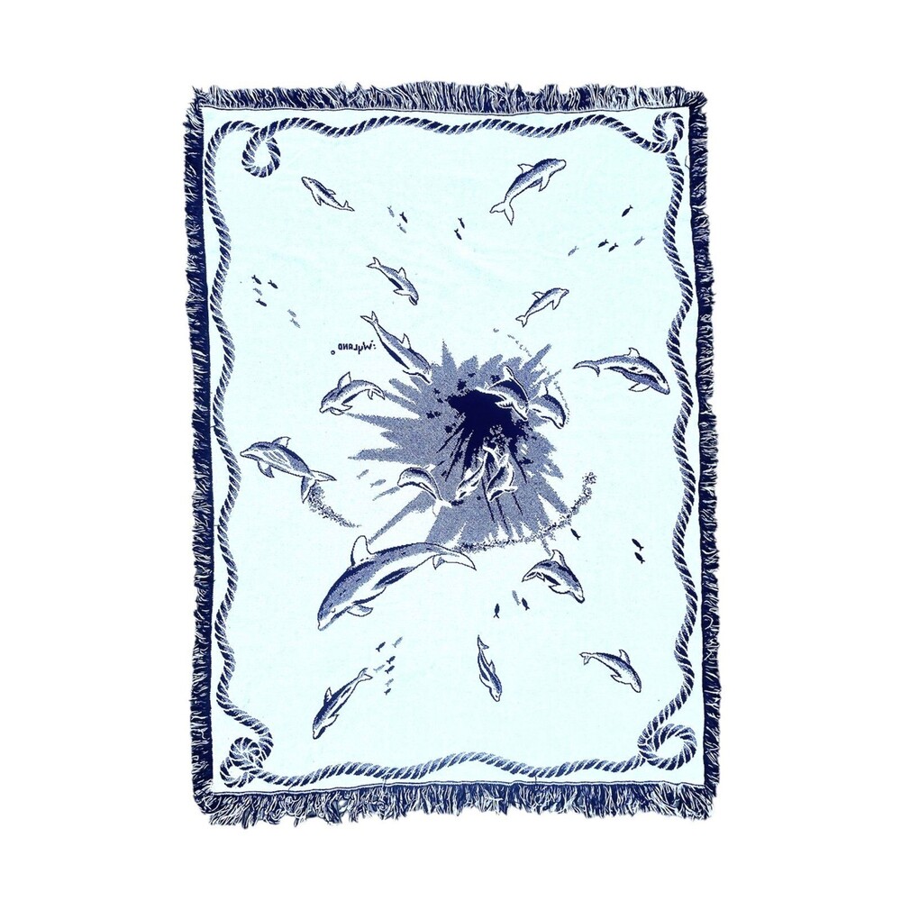 Double Sided Tapestry Woven Throw Blanket Dolphins Navy and White